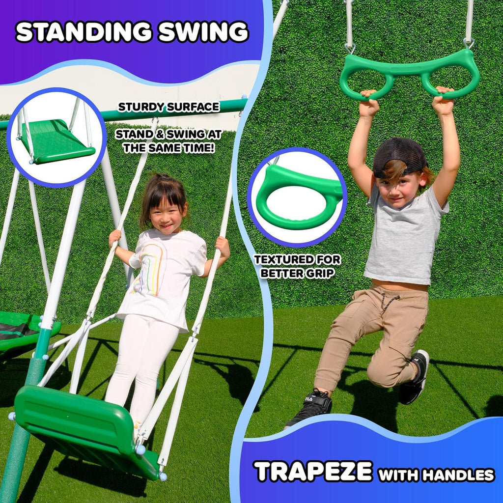 Bayside 7-in-1 Outdoor Backyard Metal Swing Set for Kids, 1000 lb Capacity, Teeter-Totter, Swing, Saucer, Standing
