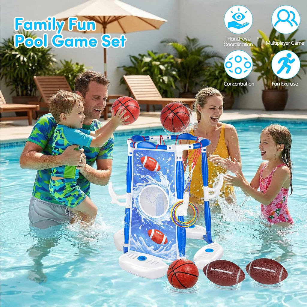 Pool Basketball Hoop, 3-in-1 Floating Poolside Basketball Ring Game Football for Kids Ages 3-12, Outdoor Summer