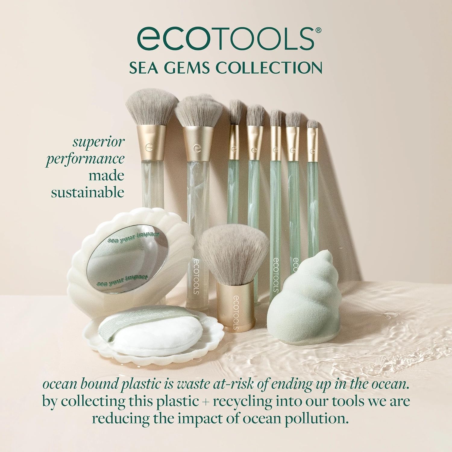 Sea Gems Face Makeup Brush & Sponge 4-Piece Set | Blend an even base with a makeup brush set with beauty sponge