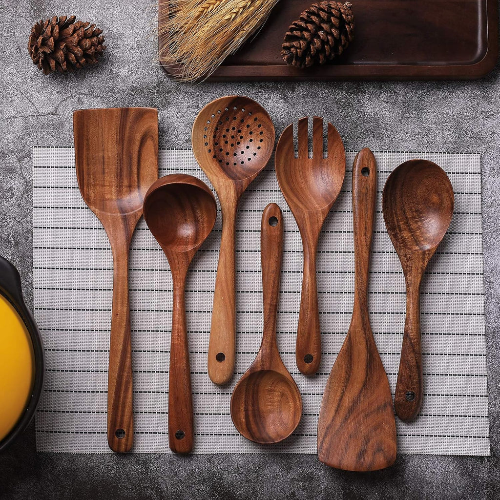 Wooden Non-Stick Kitchen Pan Toolset 7 Pieces Set, Natural Kitchen Utensils Spatula, Wooden Cooking Utensils Spoons