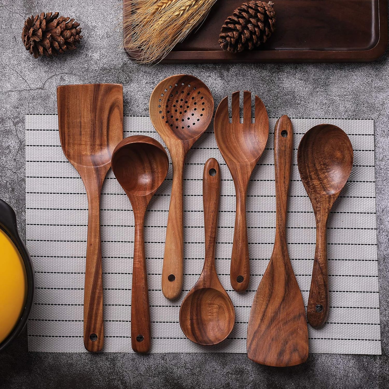 Wooden Non-Stick Kitchen Pan Toolset 7 Pieces Set, Natural Kitchen Utensils Spatula, Wooden Cooking Utensils Spoons
