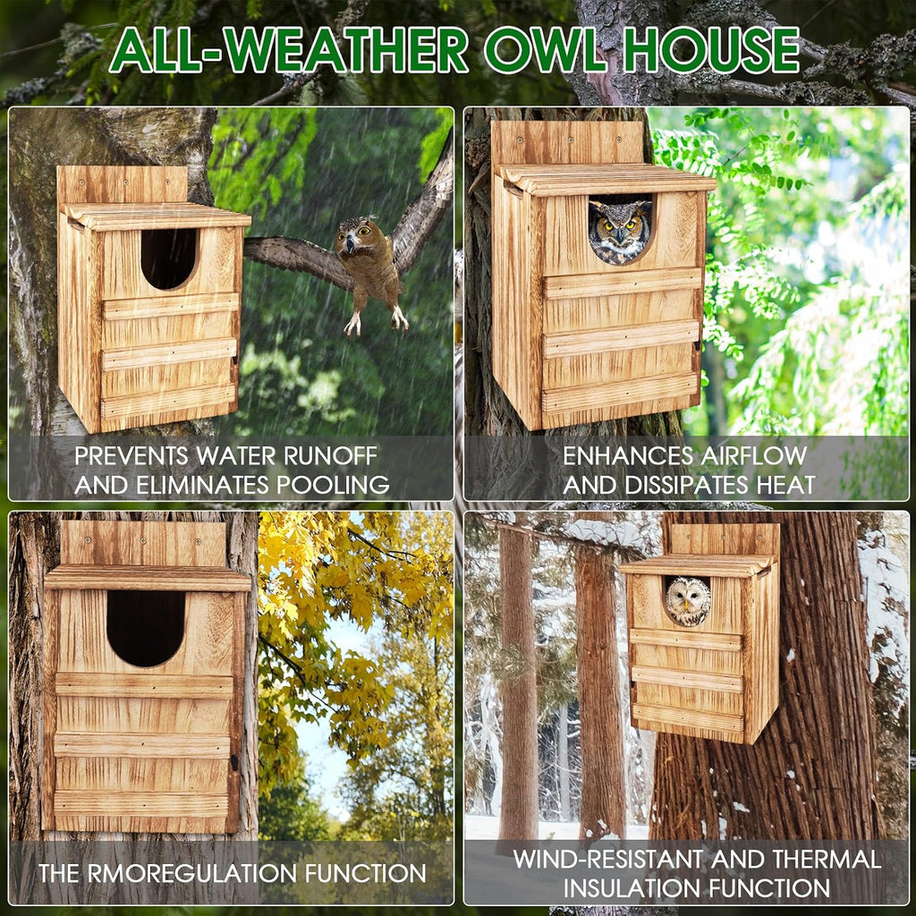 Owl House, Large Wooden Owl Nesting Box for Outside (8.7" x 7.5" x 14.2"), 3.3" Predator-Deterrent Entrance, Side