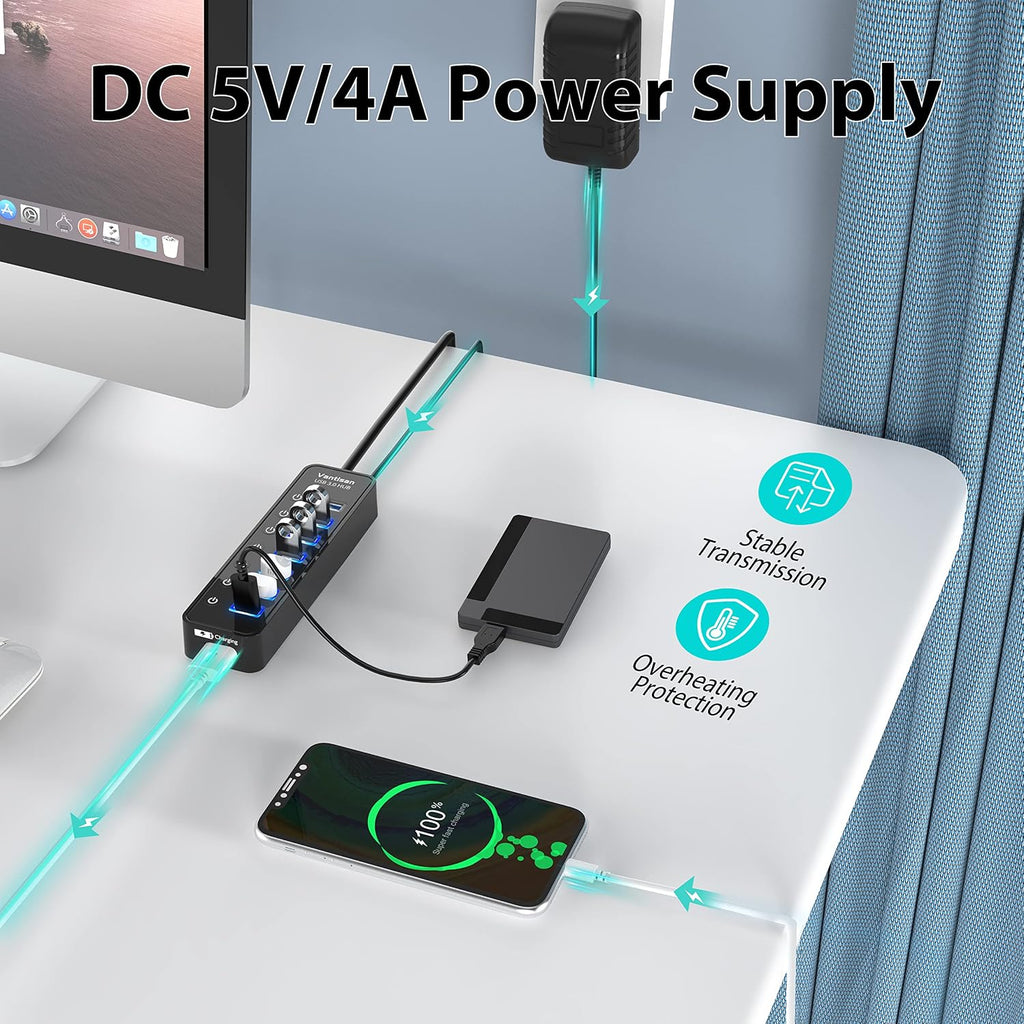USB Hub 3.0 Powered, 7 Ports USB Data Hub Splitter with One Smart Charging Port and 5V/4A Powered Adapter and ON/Off