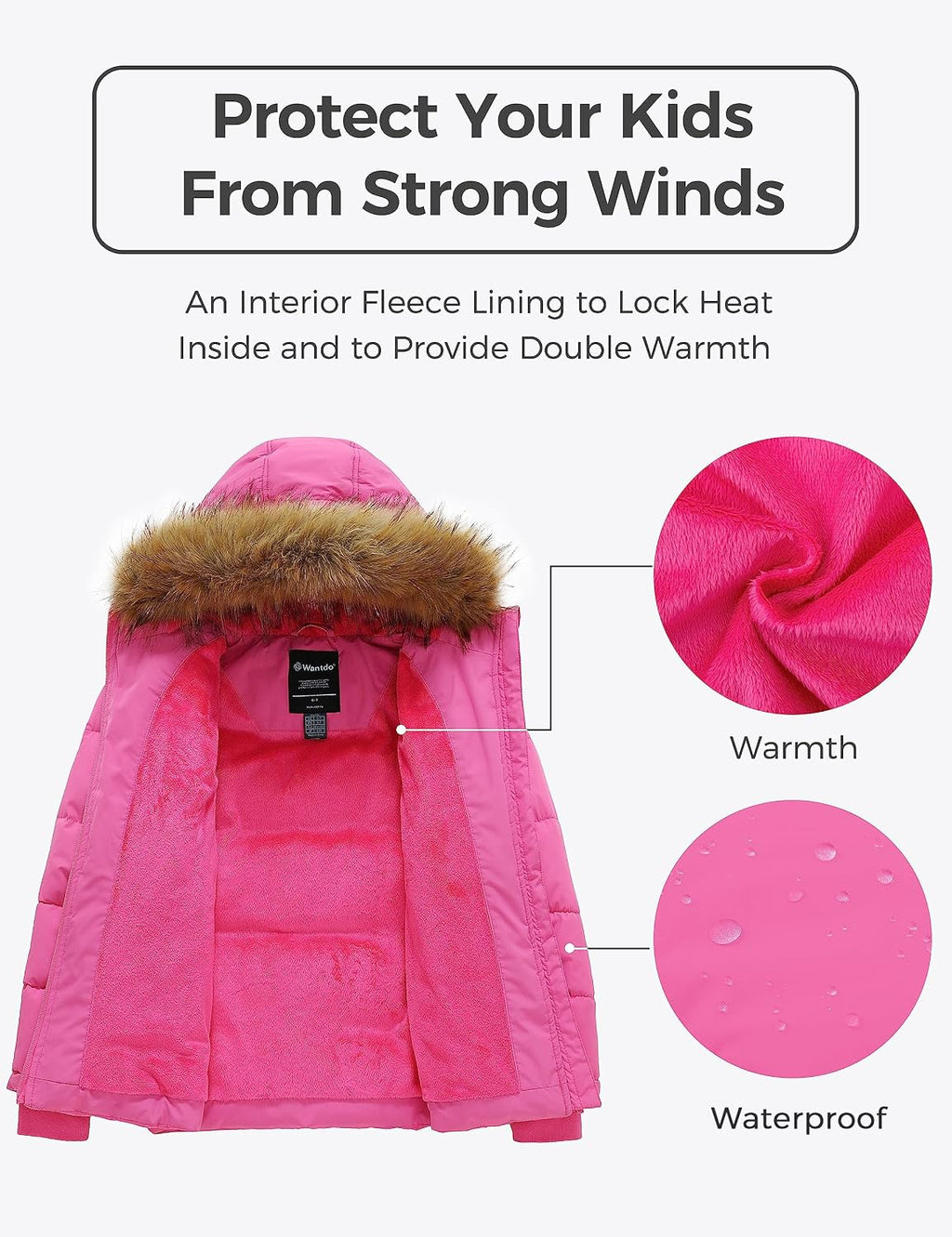 Girls' Fleeced Winter Coat Waterproof Puffer Jacket Hooded Outerwear | 5000mm Waterproof,Removable Faux Fur