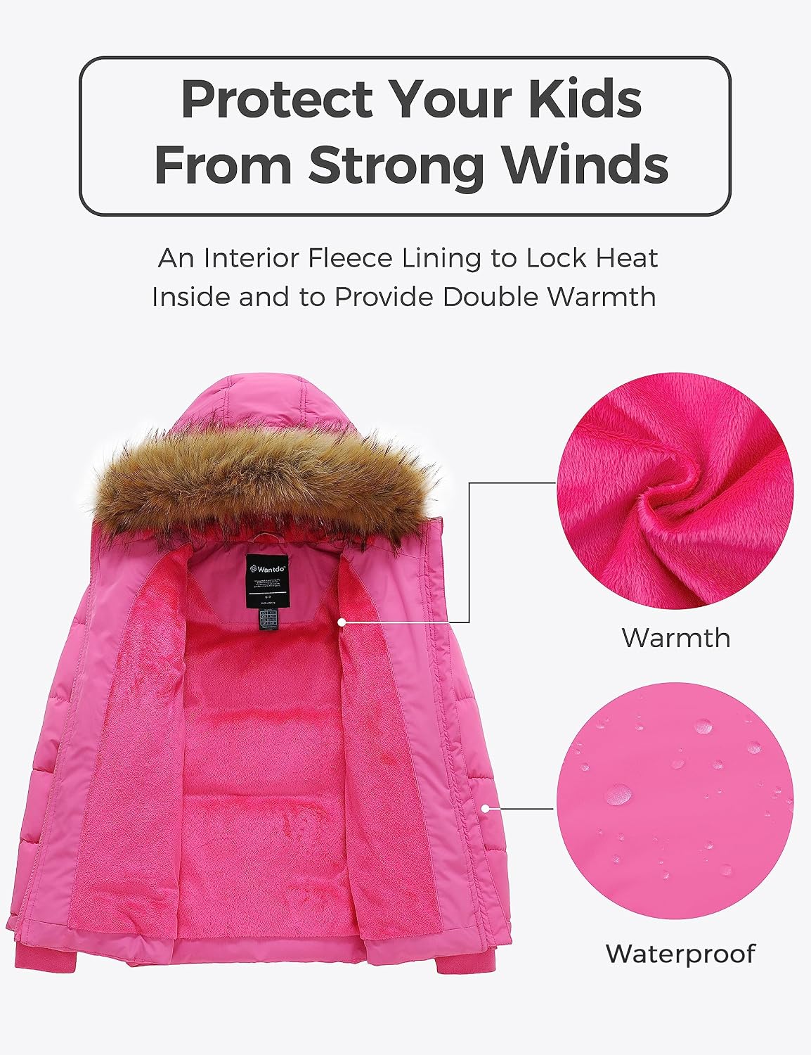 Girls' Fleeced Winter Coat Waterproof Puffer Jacket Hooded Outerwear | 5000mm Waterproof,Removable Faux Fur