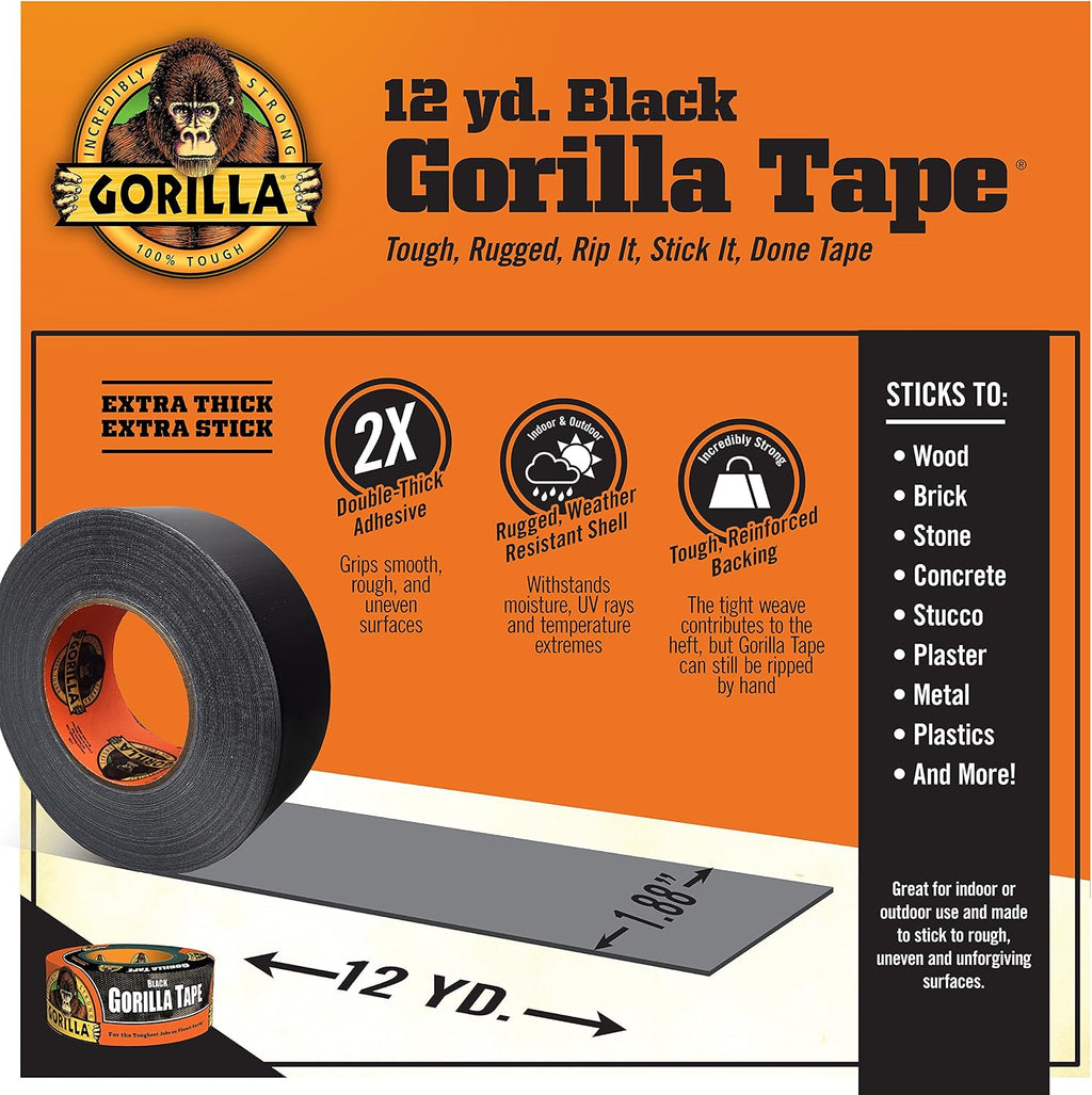 Black Duct Tape, 1.88" x 12 yd, Black, (Pack of 3)