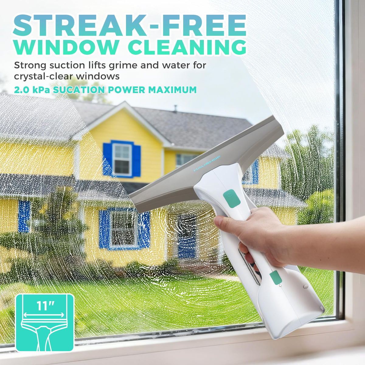 Electric Window Vacuum Squeegee 11", 2000Pa Cordless Cleaner Set