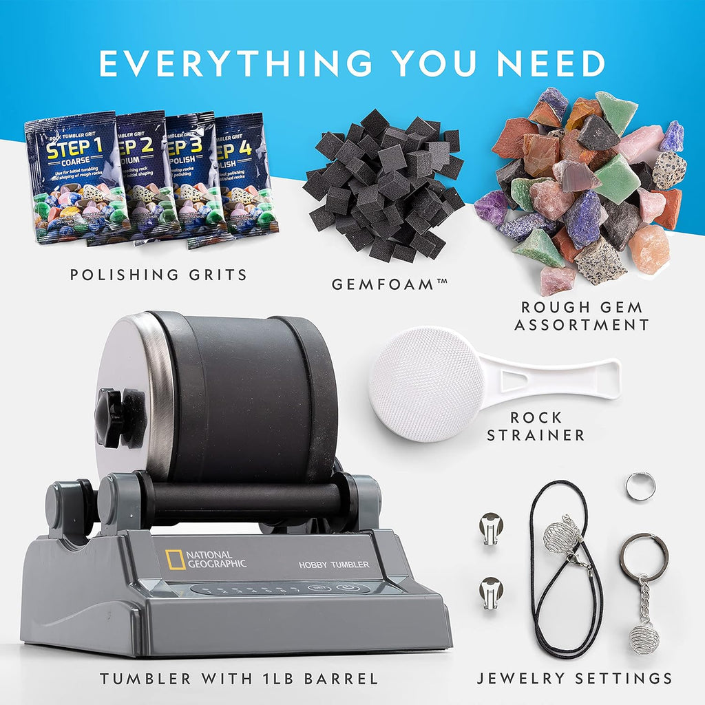 National Geographic Hobby Rock Tumbler Kit for Kids and Adult Beginners | Leak-Proof Barrel, 7-Day Timer, Rough