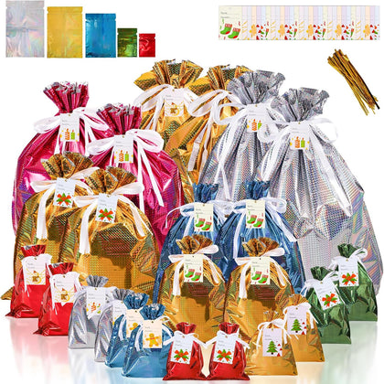 24 Pcs Christmas Drawstring Gift Bag, Wrapping Bag Bulk with Tags