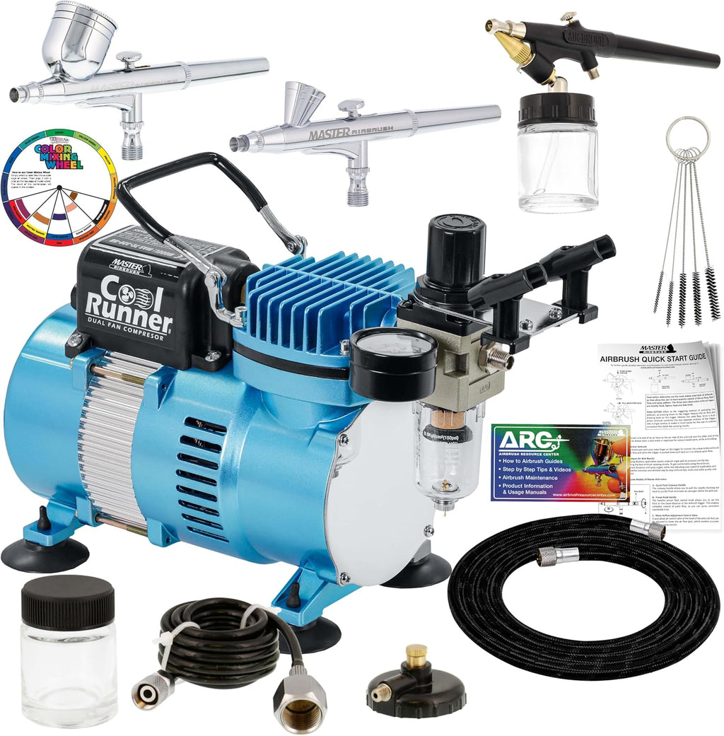 Cool Runner II Airbrush Kit with Dual Fan Air Compressor, 3 Airbrushes, Cleaning Brushes, Holder, Color Mixing Wheel