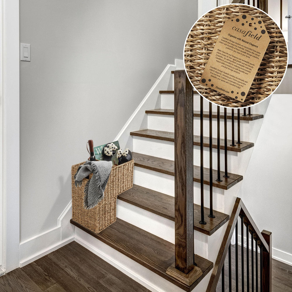 Stair Step Basket with Handles, Natural - Woven Seagrass Staircase Basket Storage Bin Organizer
