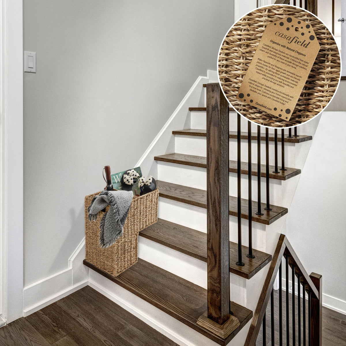 Stair Step Basket with Handles, Natural - Woven Seagrass Staircase Basket Storage Bin Organizer