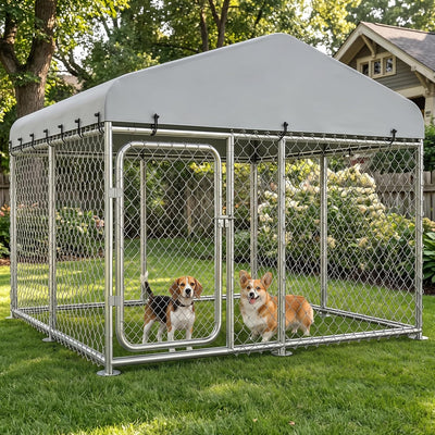 7.55×7.55FT Outdoor Dog Kennel with Roof,Heavy Duty Metal Dog Enclosure with Weather-Resistant Cover & Secure Lock