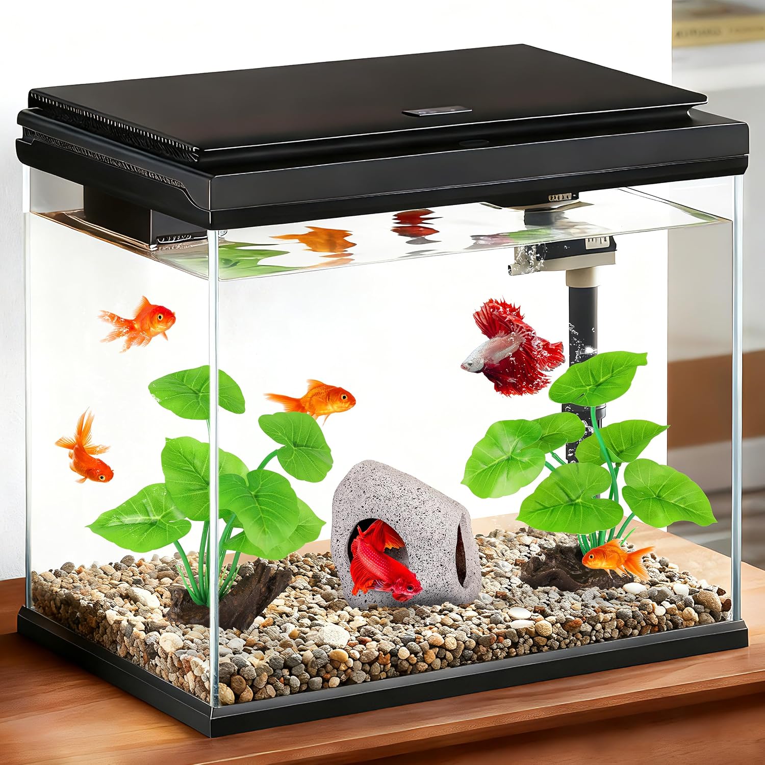 Fish Tank Decor, Silk Aquarium Plants and Hideaway Rock Cave Decor for Betta Fish Tank Accessories, Goldfish, Turtle