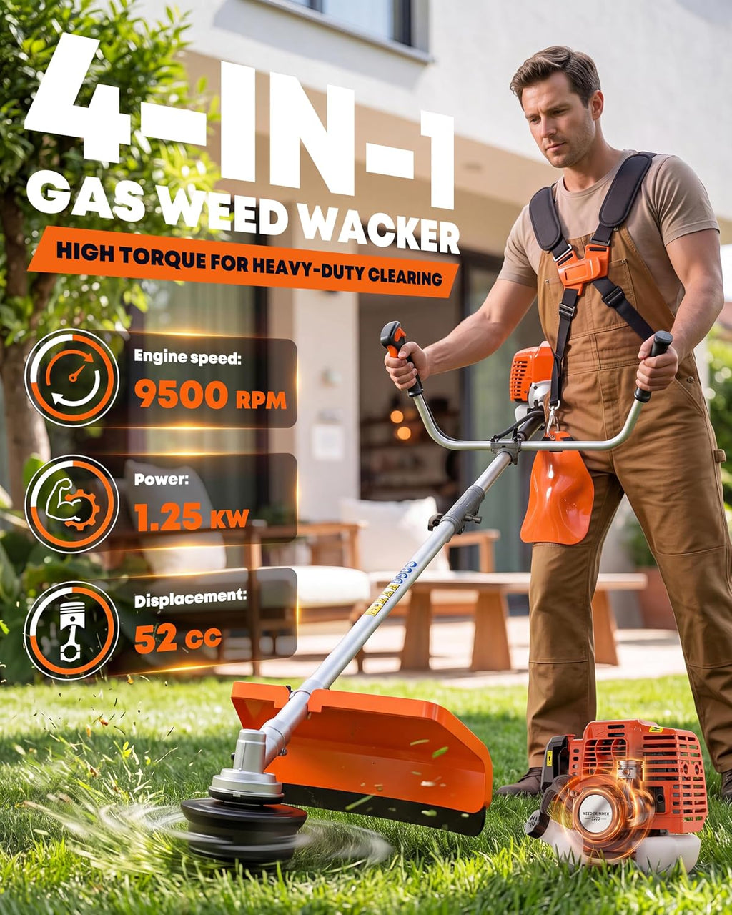 52cc Gas Weed Eater, 4-in-1 Brush Cutter, Orange Silver | Aluminum Alloy Straight Shaft, 7,500 RPM, 18 in Cutting
