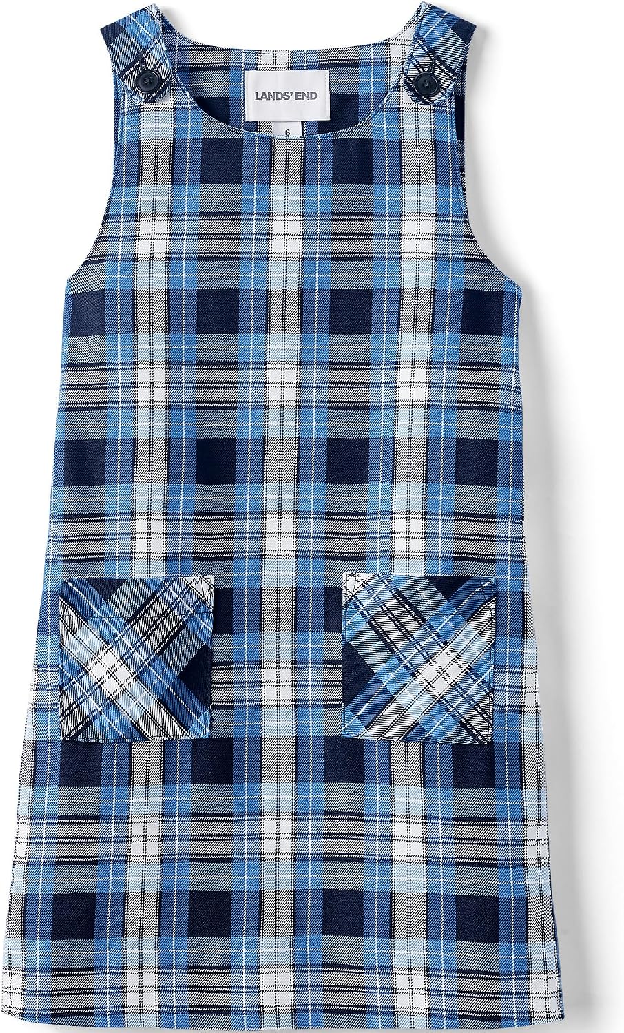 Girls Plaid Button Shoulder Patch Pocket Jumper 3 Clear Blue Plaid
