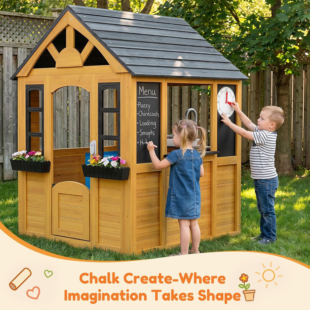 Kids Outdoor Playhouse Wood Play House Pretend PlayGames for Toddlers Ages 3-8 with Play Kitchen,Snack Bar,Pet