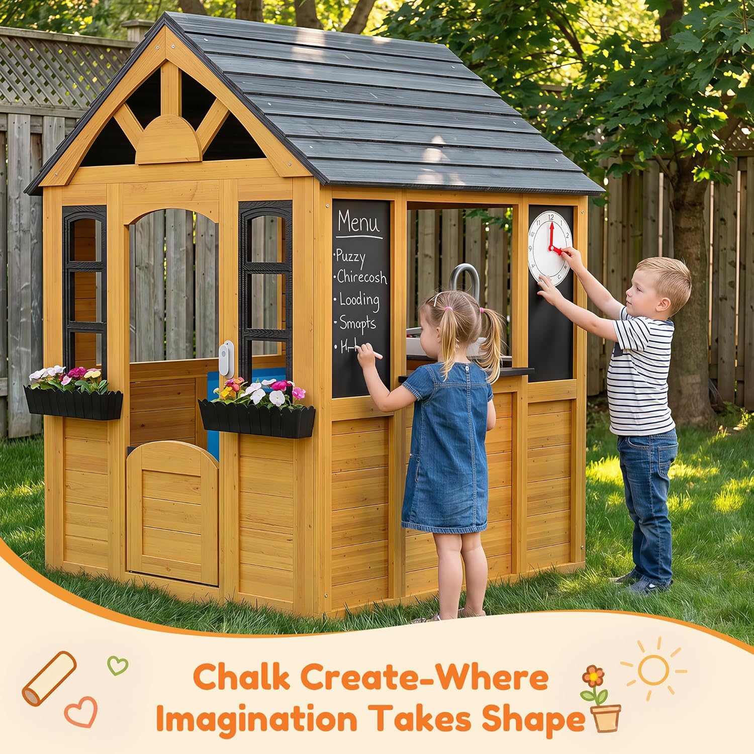Kids Outdoor Playhouse Wood Play House Pretend PlayGames for Toddlers Ages 3-8 with Play Kitchen,Snack Bar,Pet
