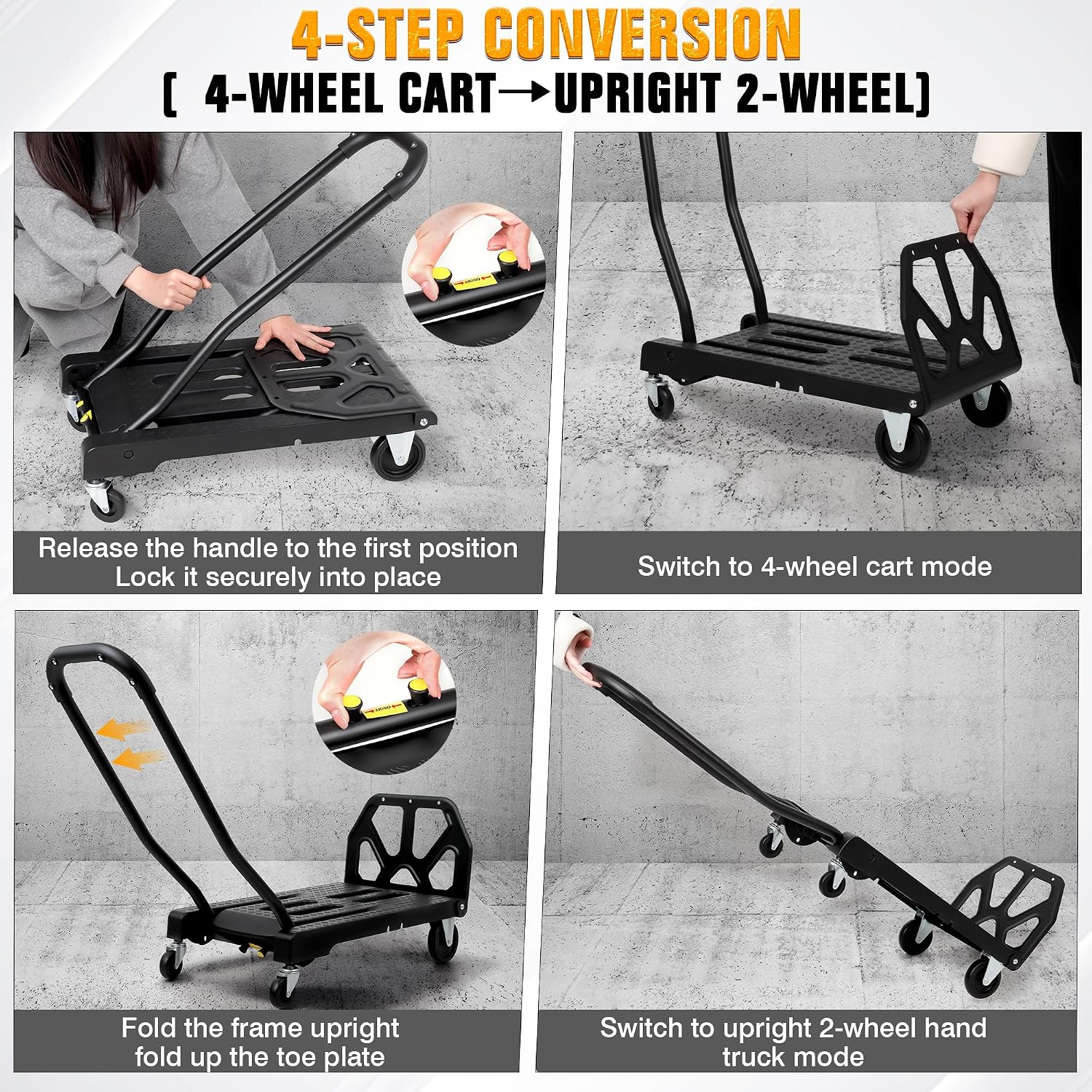 Folding Hand Truck with 4-Wheel Mode, 2 in 1 Collapsible Push Cart & Fold-Up Toe Plate – 300lbs Heavy Duty Dolly Pull