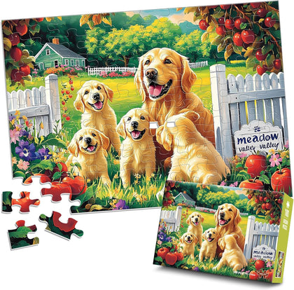 Puzzles for Kids Ages 4-6 6-8, 100 Piece Puzzles for Kids, Golden Retriever Dog Family Jigsaw Puzzle, Educational