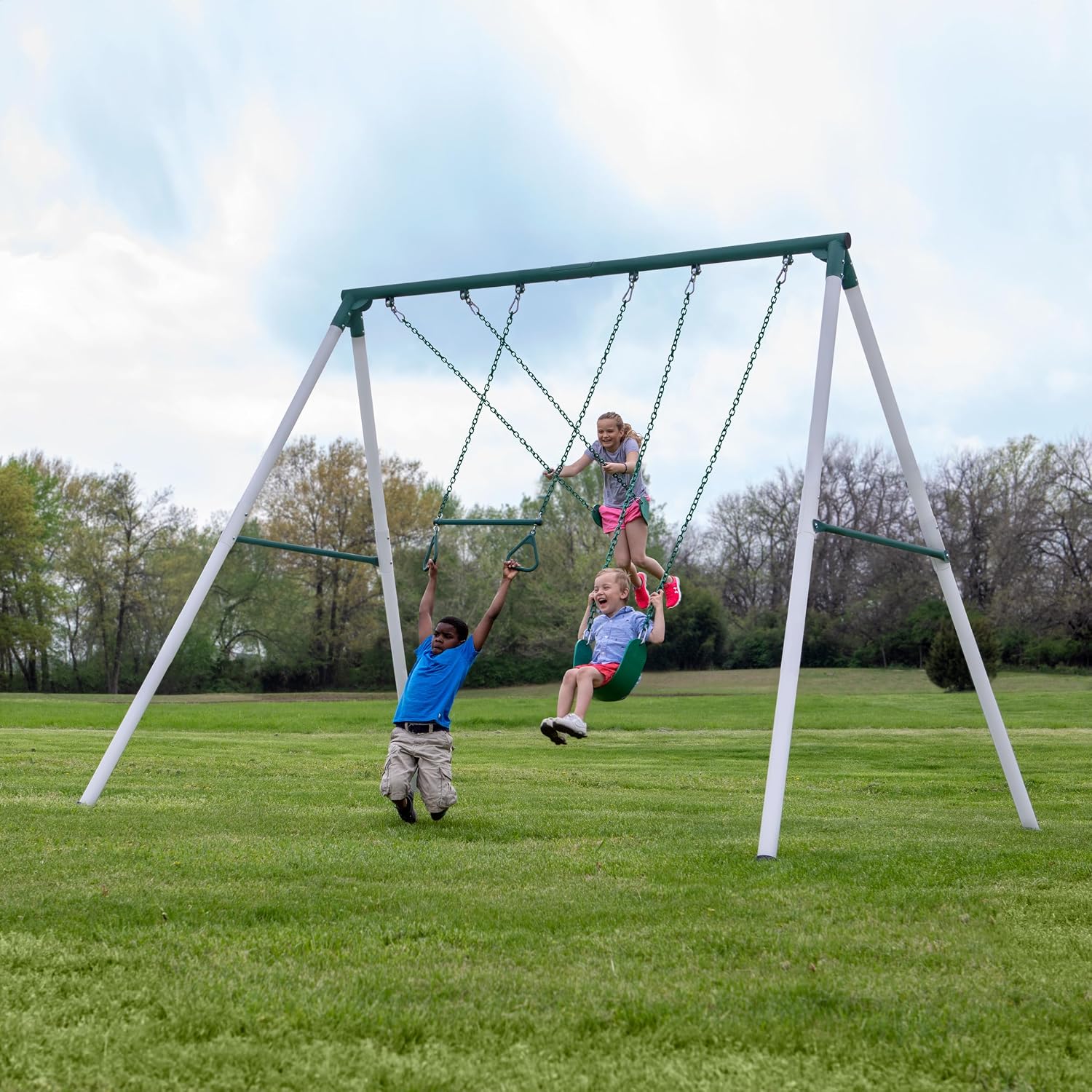 Big Brutus Galvanized Steel Swing Set Kit with Classic A-Frame, Two Belt Swings, One Trapeze Bar, Easy Assembly