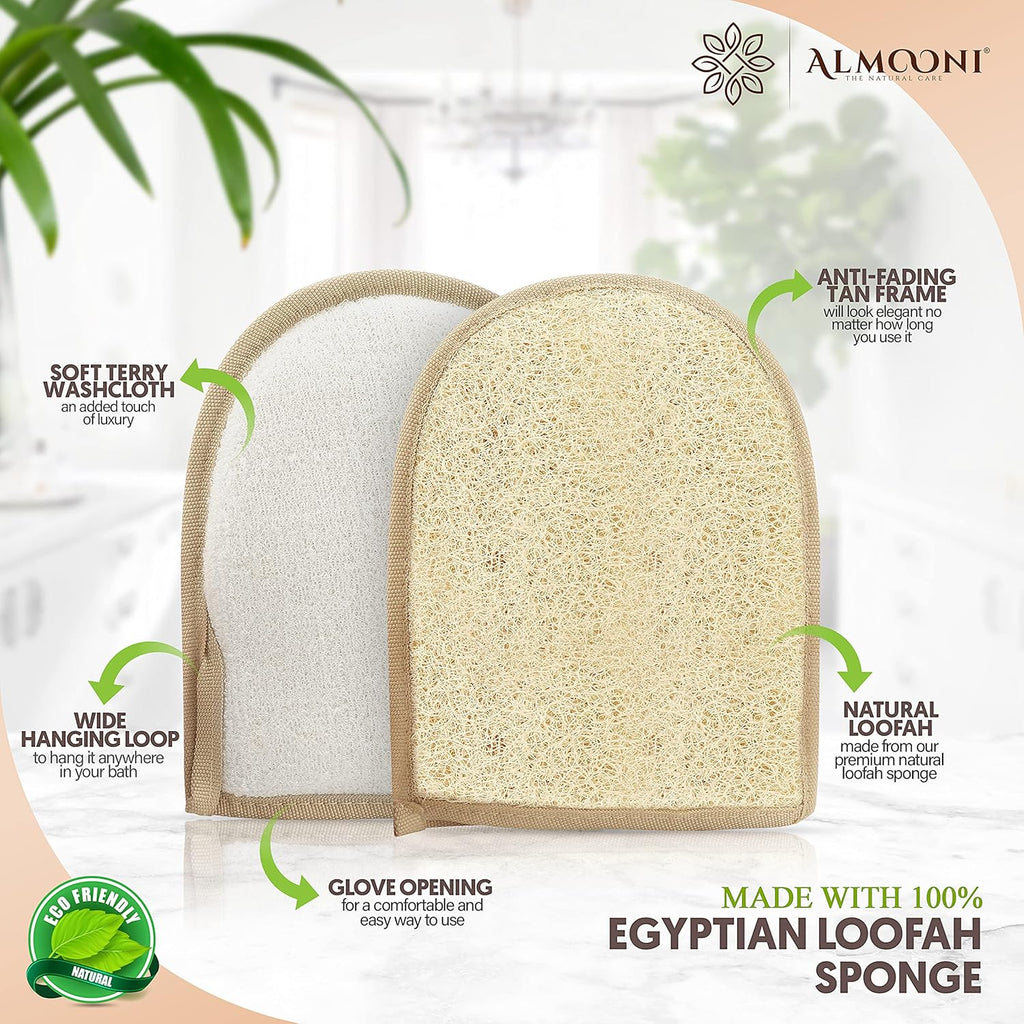 Egyptian Loofah Gloves for Women & Men, Real Natural Egyptian Loofah Mittens with Terry Cloth, Premium Exfoliating