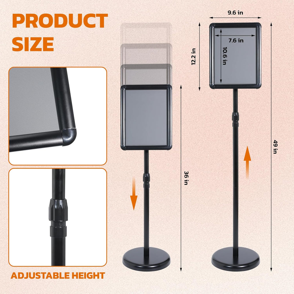 Adjustable Pedestal Floor Standing Sign Holder for 8.5*11 inch 360° Rotation Snap-Open Frame Display Outdoor Indoor