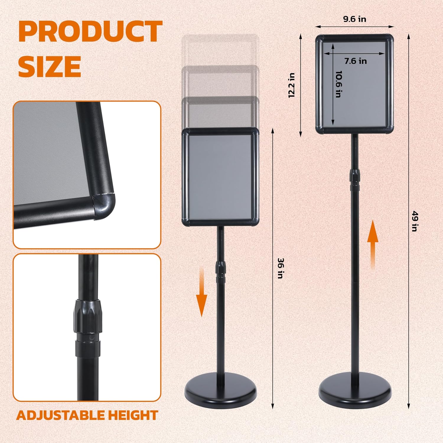 Adjustable Pedestal Floor Standing Sign Holder for 8.5*11 inch 360° Rotation Snap-Open Frame Display Outdoor Indoor