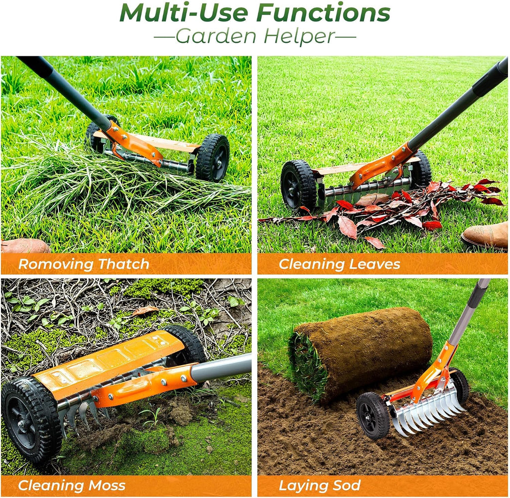 Manual Lawn Dethatcher Rake with Wheels, Adjustable Handle | 15.8-Inch Rake Head, 76.8-Inch Adjustable Handle And