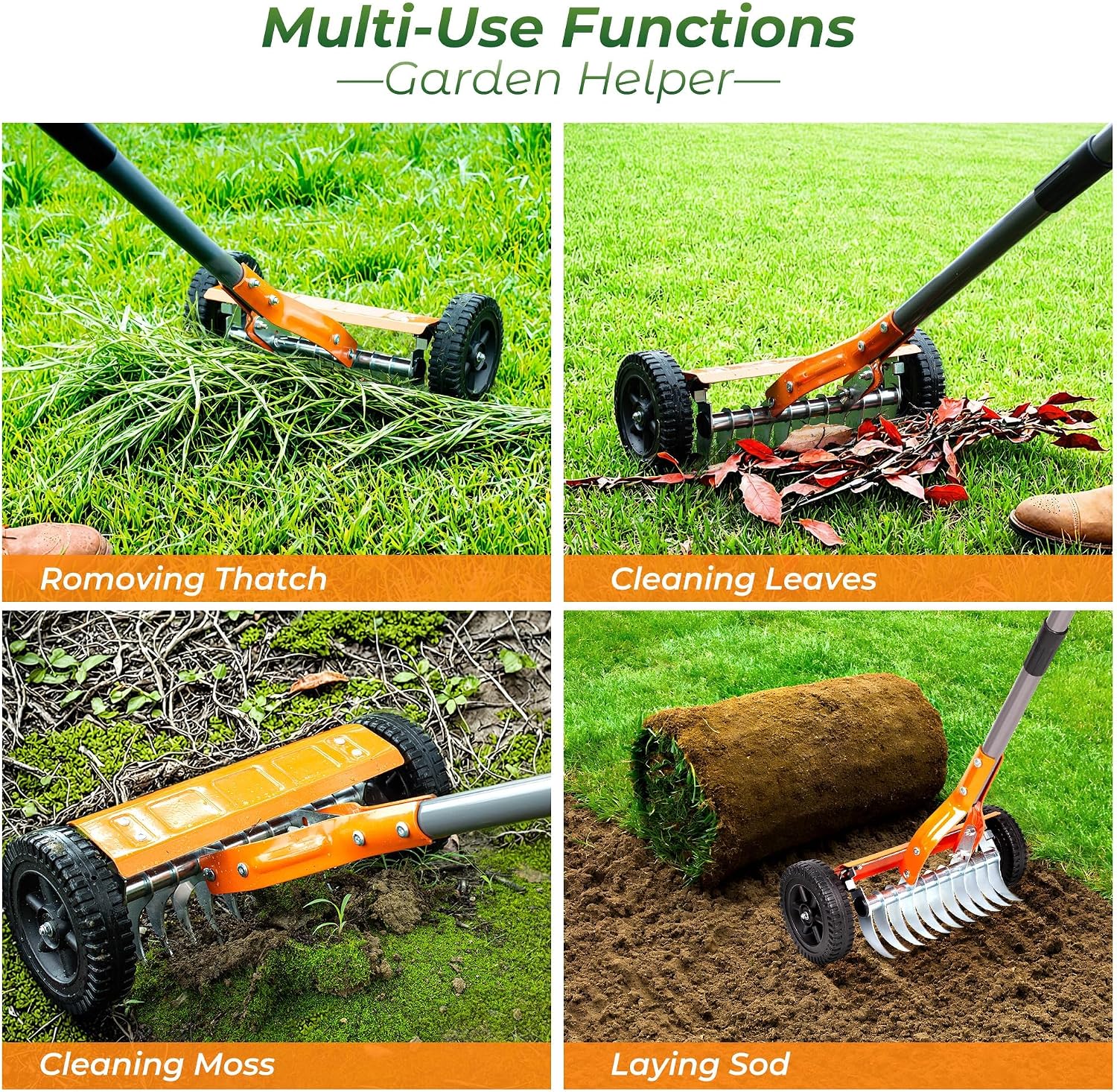 Manual Lawn Dethatcher Rake with Wheels, Adjustable Handle | 15.8-Inch Rake Head, 76.8-Inch Adjustable Handle And