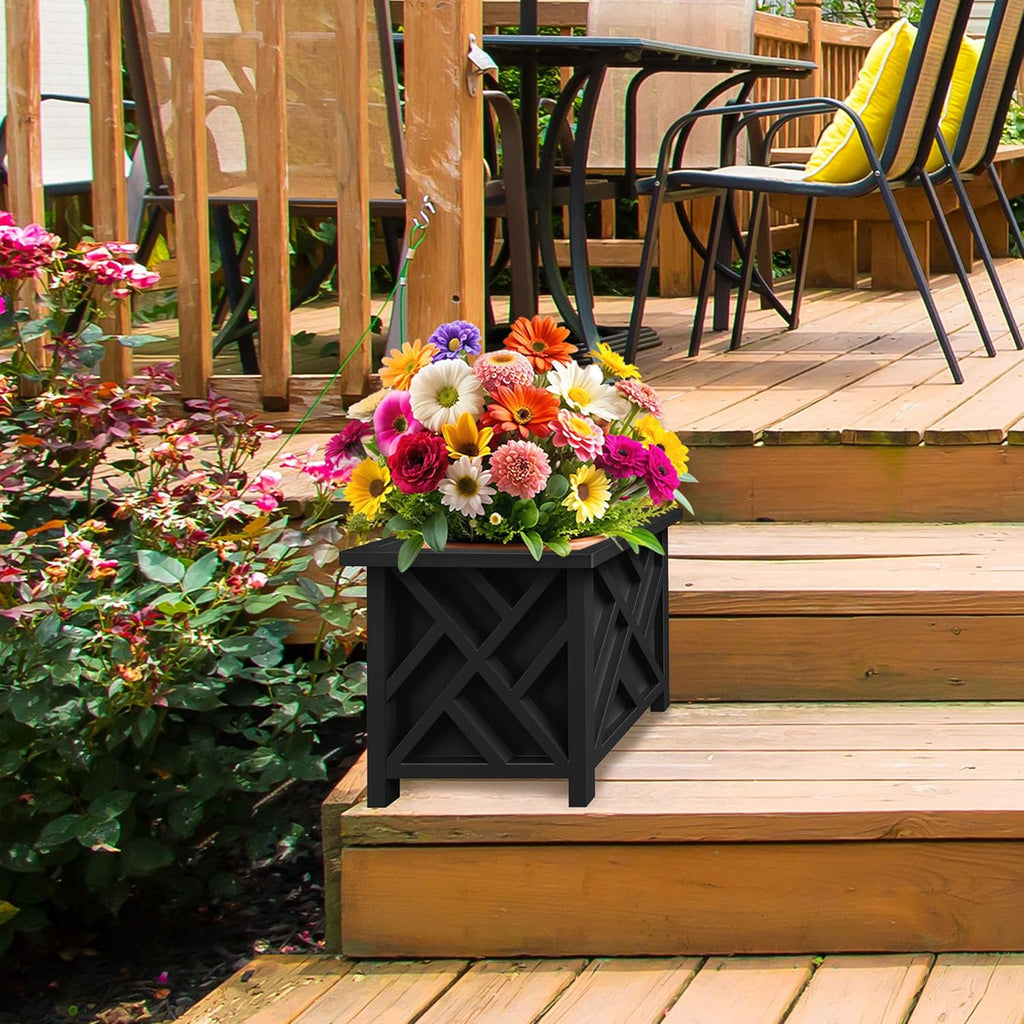 Lattice Design Outdoor Planter Box - 14.75” Square 13” Tall Black Plant Pot - Decorative Plant Pots for Front Porch
