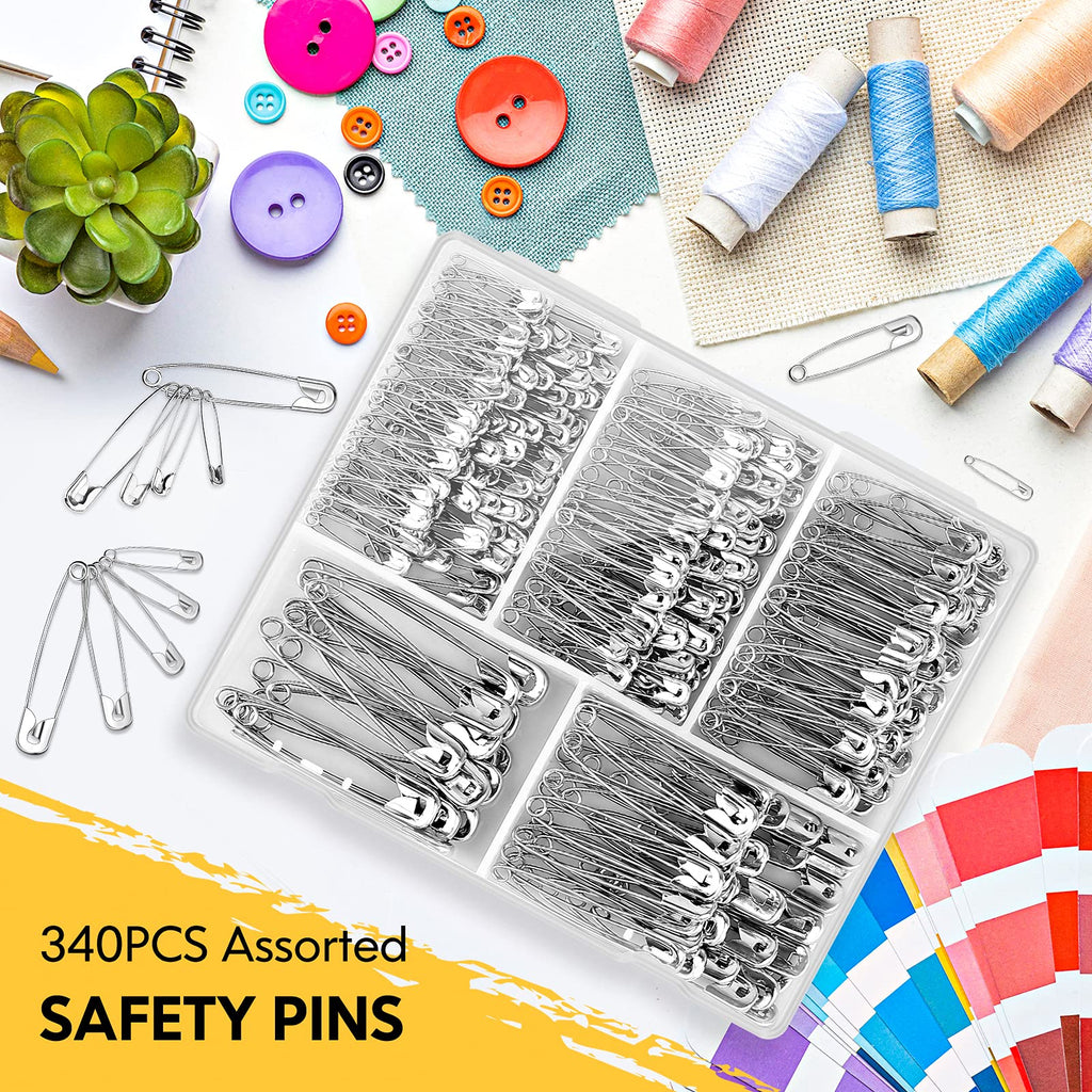 340 Pack Silver Safety Pins Assorted, 5 Different Sizes Pin Bulk