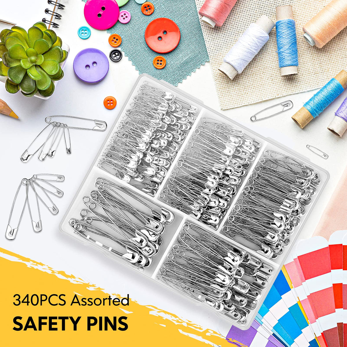 340 Pack Silver Safety Pins Assorted, 5 Different Sizes Pin Bulk