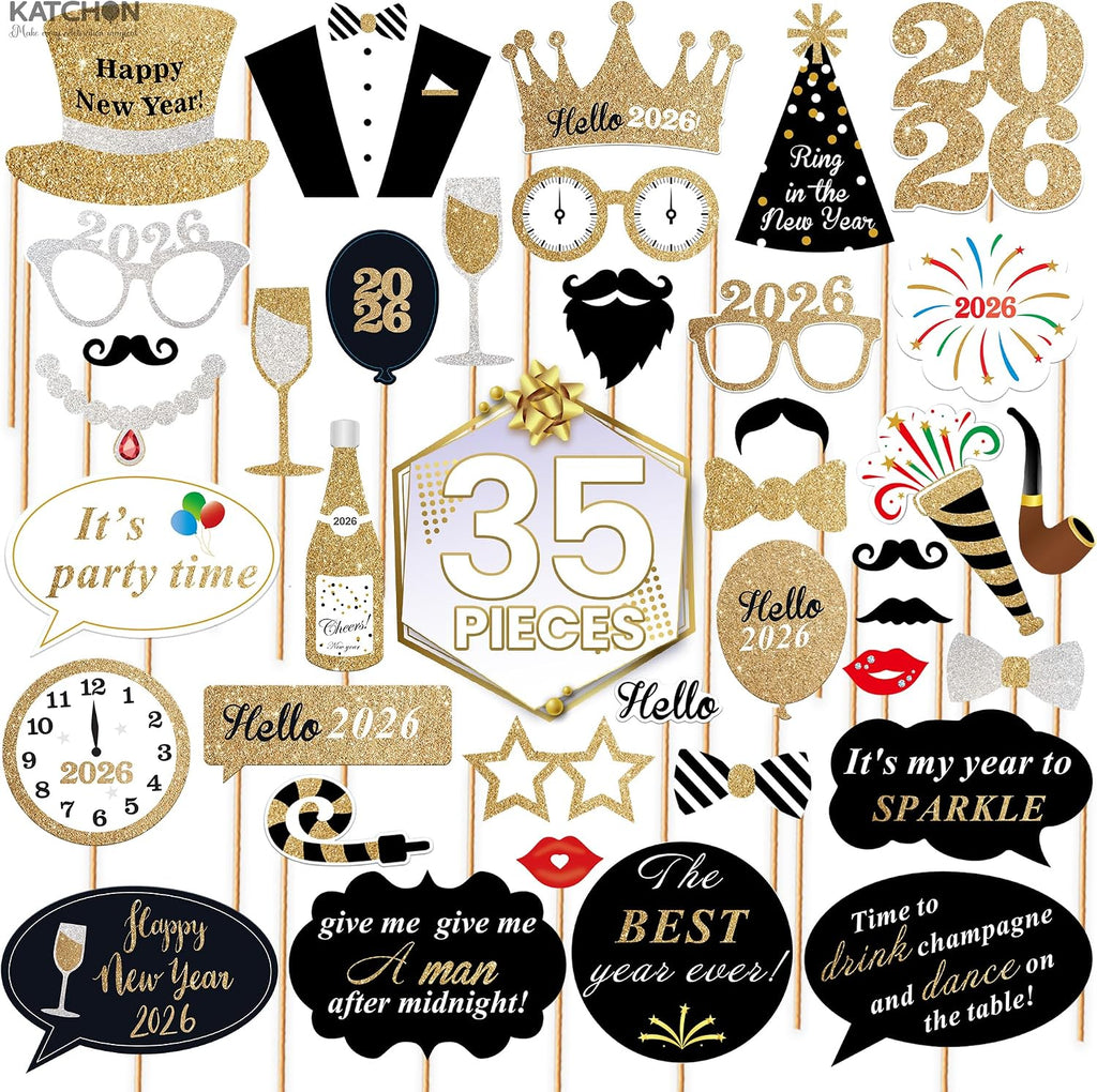 Glitter New Years Photo Booth Props, Pack of 35 | NYE Photo Booth Props for New Years Eve Party Supplies 2026, New