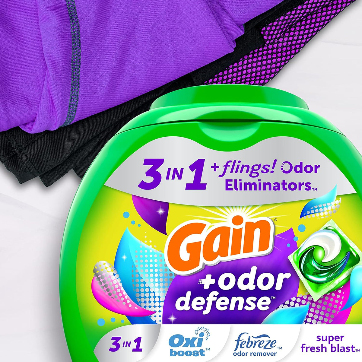 Flings Laundry Detergent Pacs with Odor Defense, 112 Count, Super Fresh Blast Scent, HE 3in1 with Febreze and Oxi