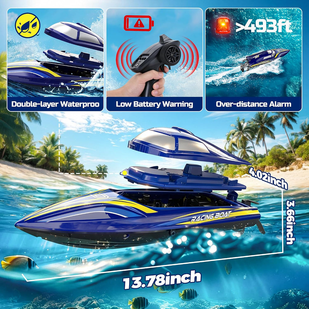 14" Fast RC Boat for Kids & Adults, Auto Self-Righting, 20+MPH | Upgraded Remote Control Speed Boat with 2x1200mAh