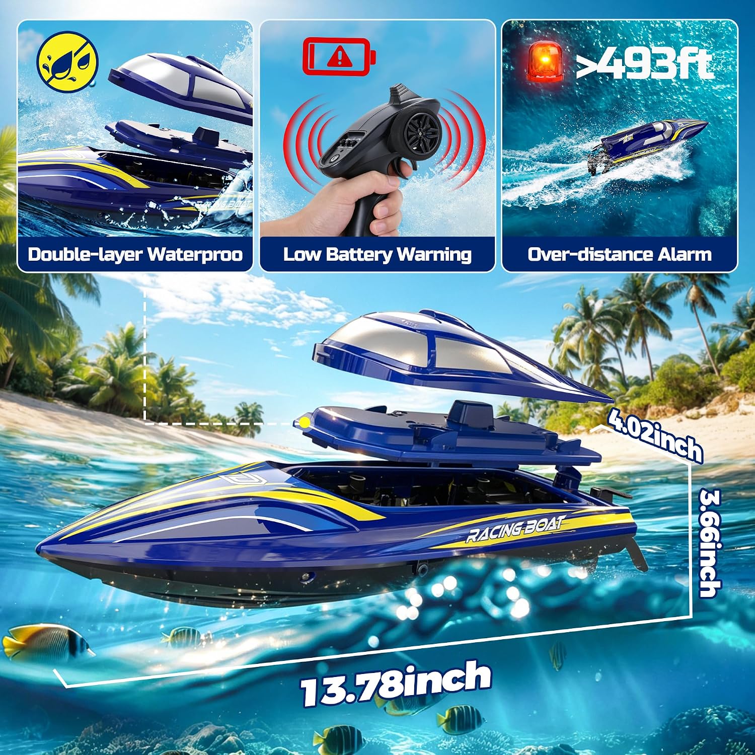 14" Fast RC Boat for Kids & Adults, Auto Self-Righting, 20+MPH | Upgraded Remote Control Speed Boat with 2x1200mAh