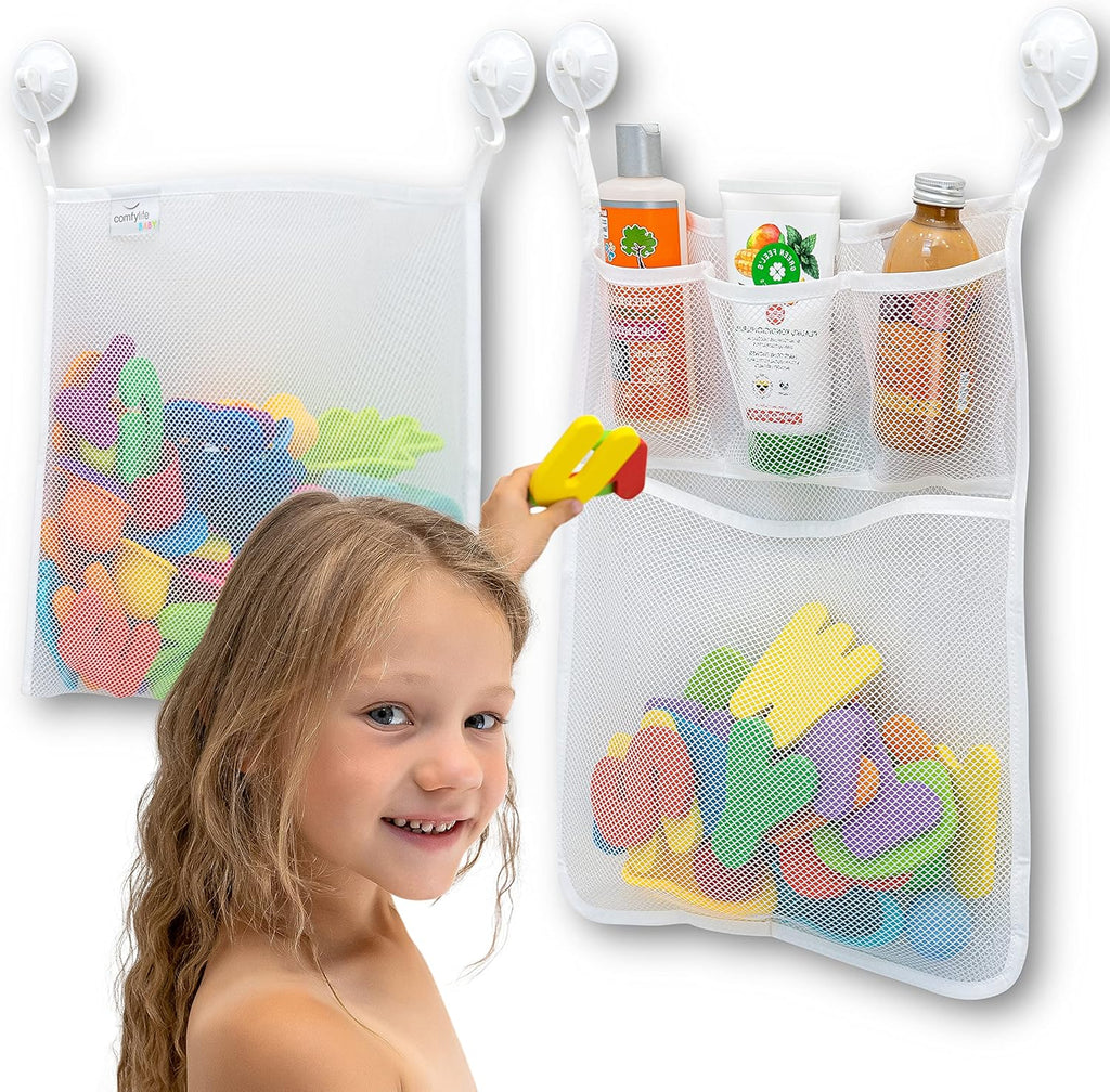 2 x Mesh Bath Toy Organizer + 8 Ultra Strong Hooks – The Perfect Bathtub Toy Holder & Bathroom or Shower Caddy –