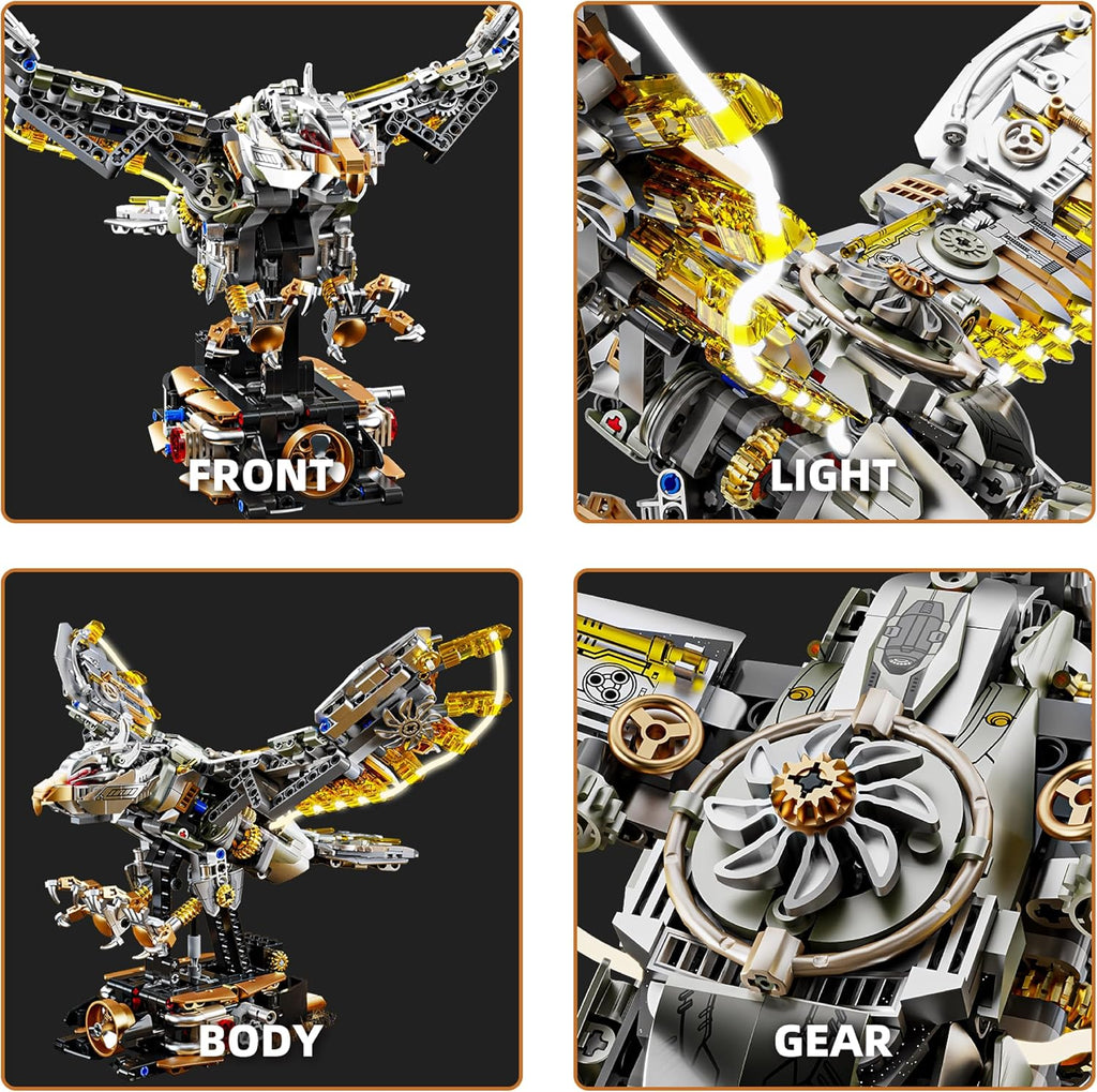 1168-PCS Mechanical Eagle Building Block Set with LED Light, Movable Linkage Gears, Display Stand - Animals Building