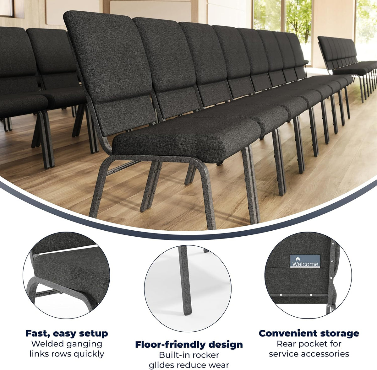 Hercules 18.5 in Wide Fabric Church Chair, Dark Gray