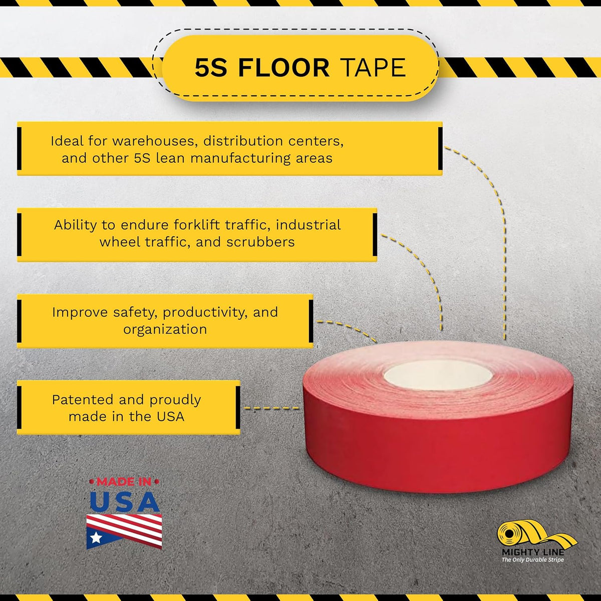 5S Floor Marking Industrial Tape, 2", 100' Roll, Red Color