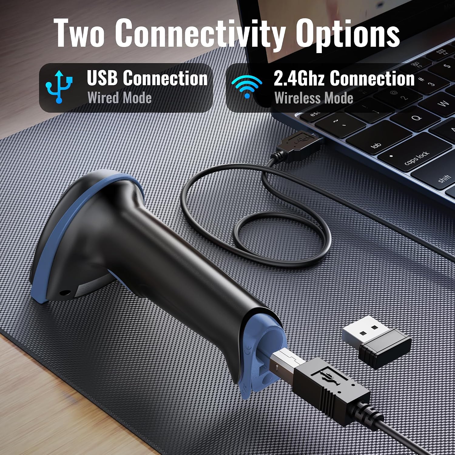Barcode Scanner with Battery Indicator: 2D Wireless, D5100, Blue | USB Wired, 2.4G Wireless, 2200mAh Battery, 1D 2D