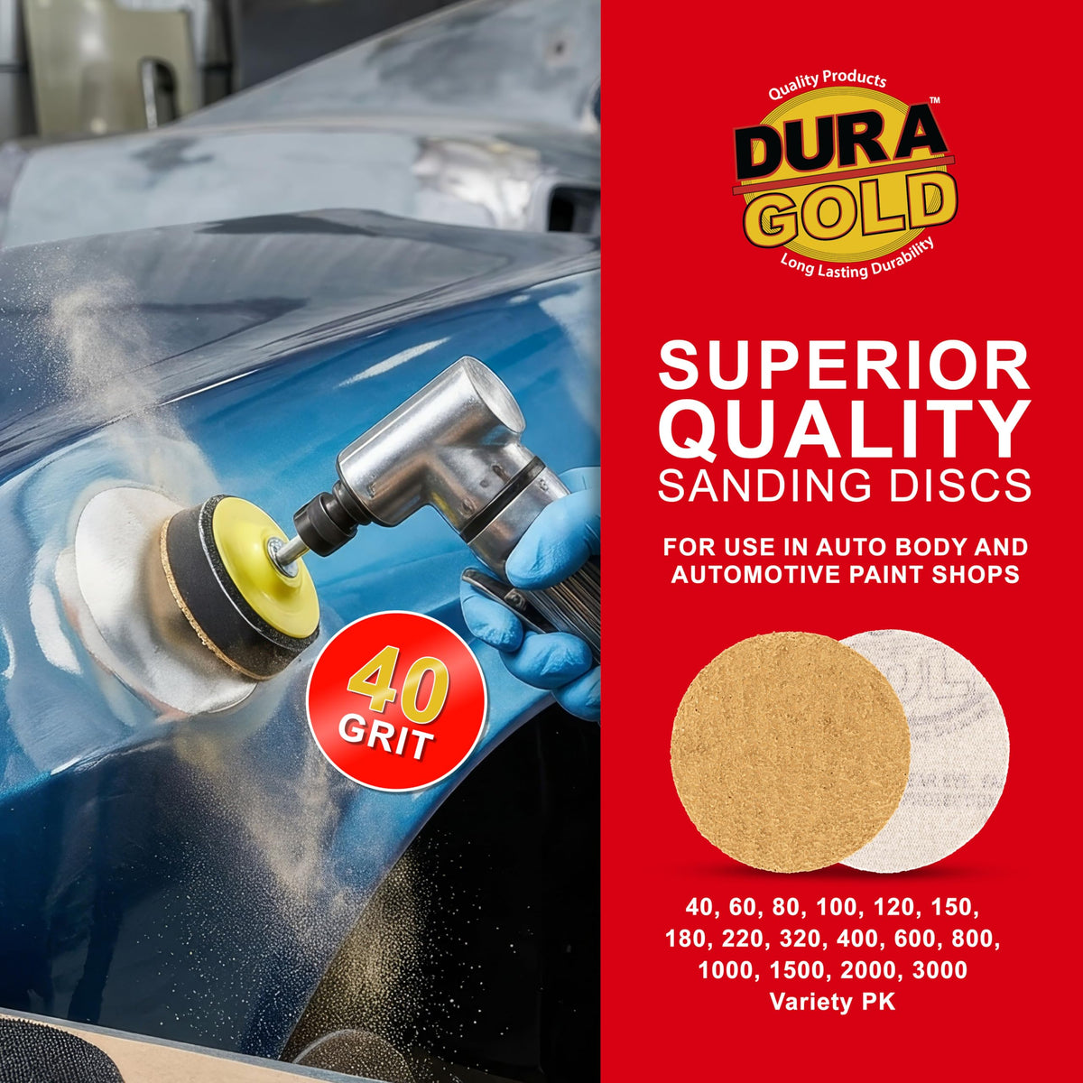 Dura-Gold - Premium - 40 Grit 3" Gold Hook & Loop Sanding Discs for DA