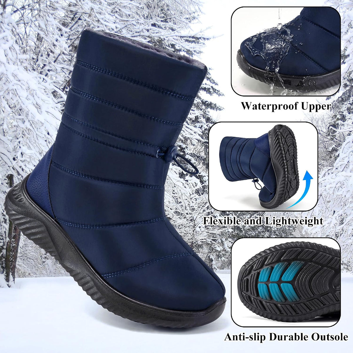 Womens Winter Snow Boots Waterproof Warm Fur Lined Mid Calf Comfortable Non Slip Booties for Outdoor Walking