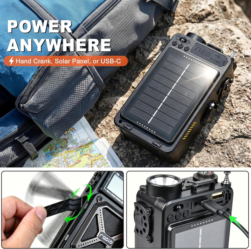 Solar Hand Crank Emergency Radio,NOAA Weather Alert, AM/FM/SW | Digital Tuning,Bluetooth Speaker,TF
