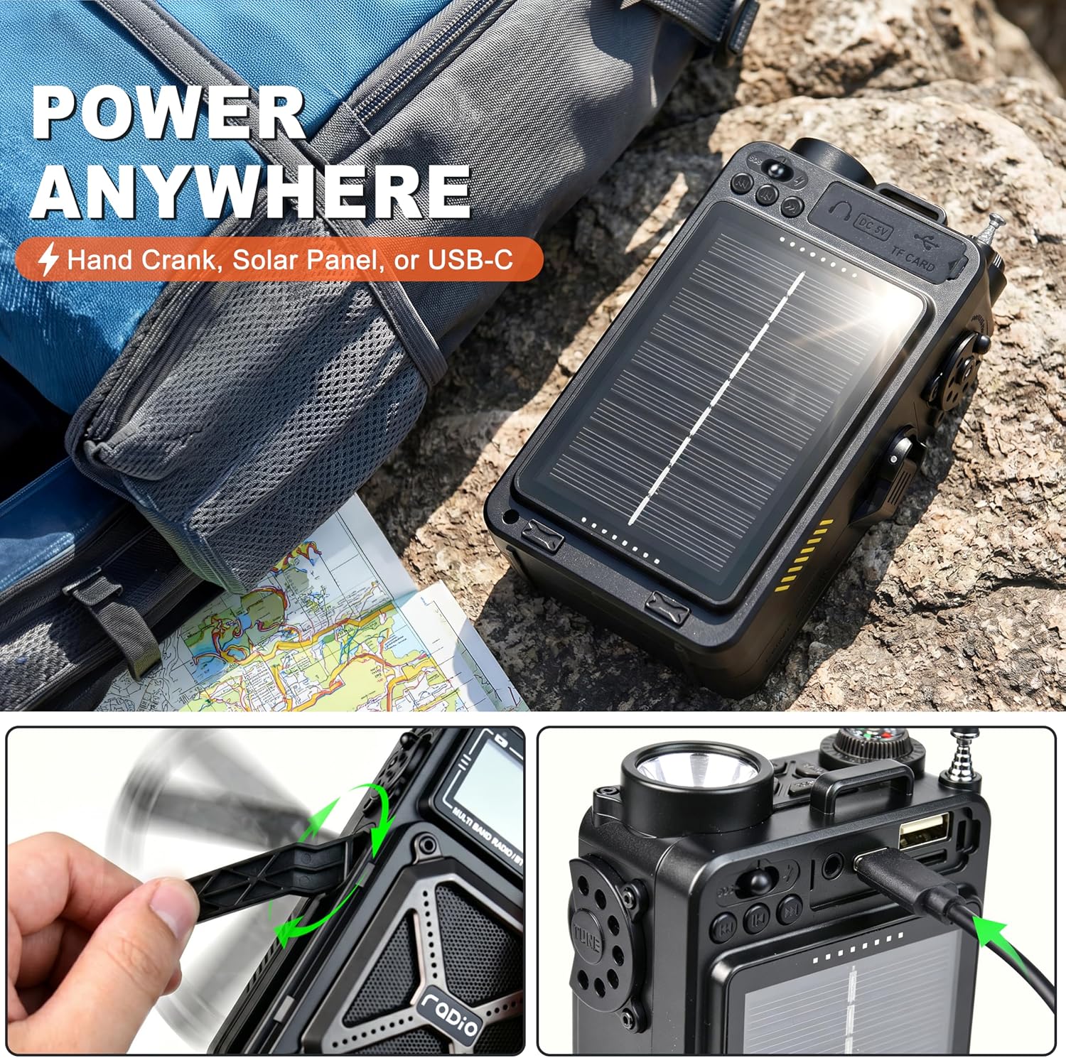 Solar Hand Crank Emergency Radio,NOAA Weather Alert, AM/FM/SW | Digital Tuning,Bluetooth Speaker,TF