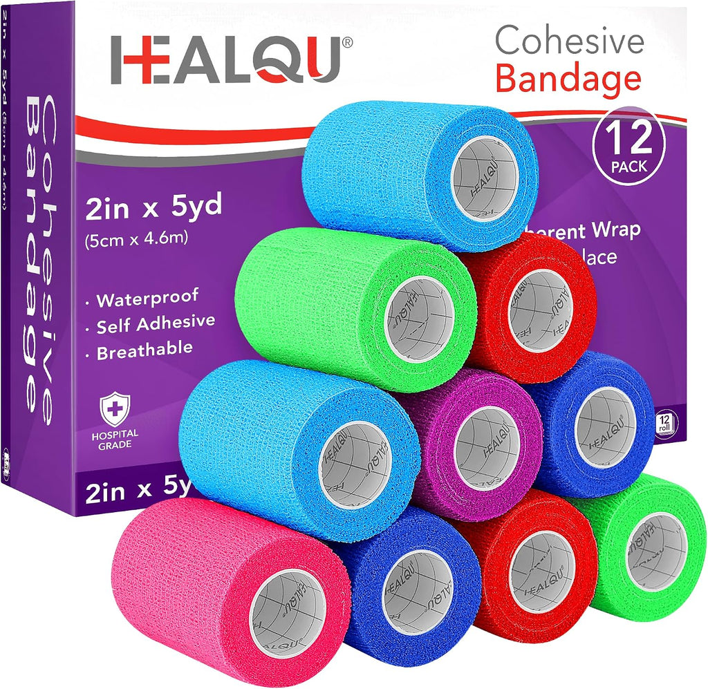 Self Adhesive Bandage Wrap – 12 Rolls 2in x 5yd Cohesive Tape for Athletic and Sports - Self Adherent Medical Tape