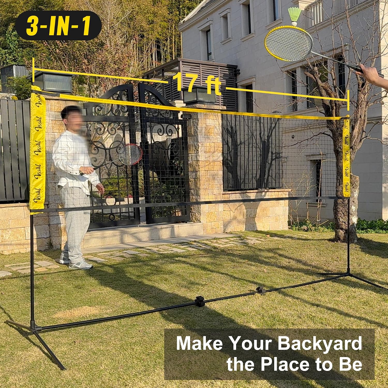 3-in-1 Portable Badminton Volleyball Pickleball Net Set for Backyards | Adjustable Height 34"-7 ft, Beach, Outdoor
