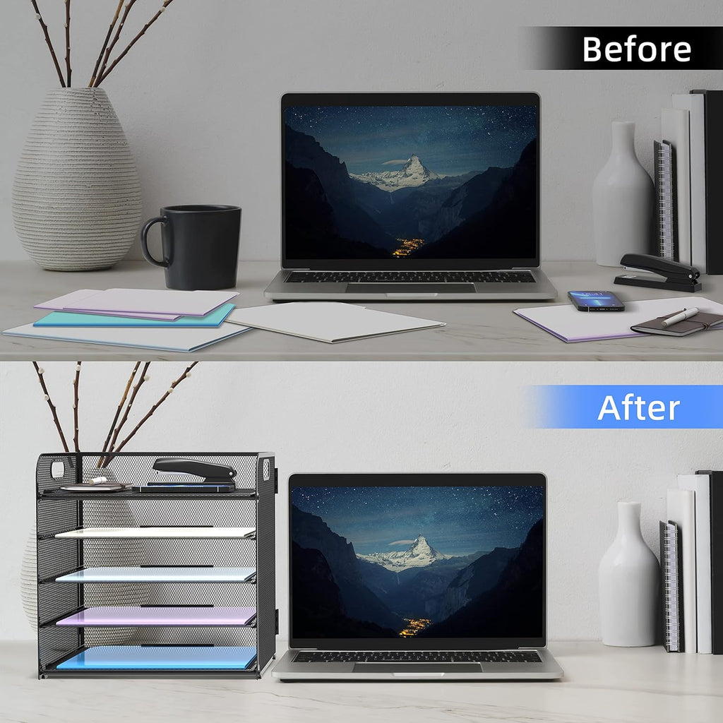 5 Trays Paper Organizer Letter Tray with Handle-Mesh Desk File Holders, Paper Sorter Desk Organizer for Office, Home