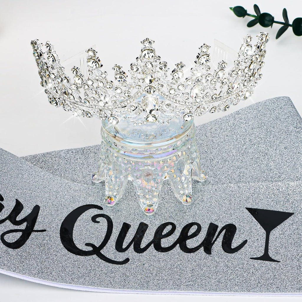 Birthday Queen Crown and Sash Set, Crystal Rhinestone Tiara, Silver Glitter Birthday Party Accessories Crown Princess